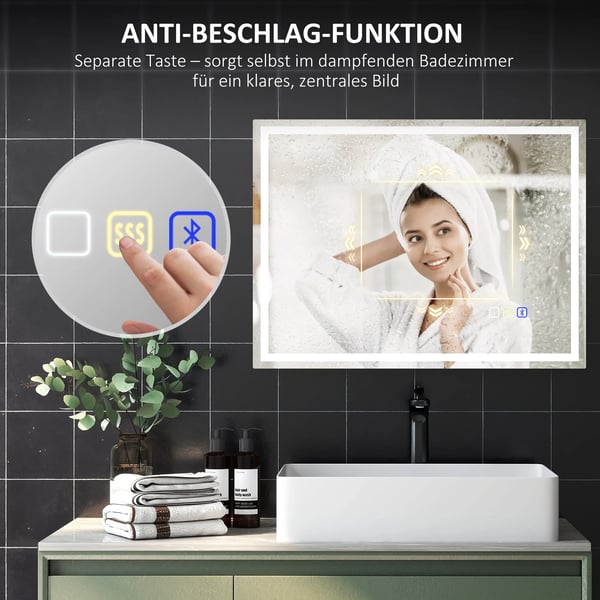 LED Badrumsspegel 80x60 cm - Silver Härdat Glas med Bluetooth, Klocka, Anti-dim & Minnesfunktion