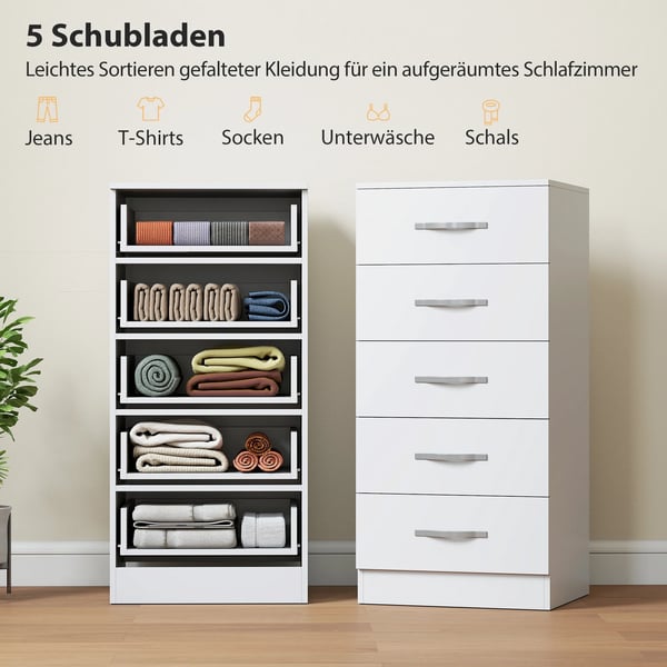 Kommode med 5 skuffer, skuffeskab til tøj og redskaber, spånplade, hvid