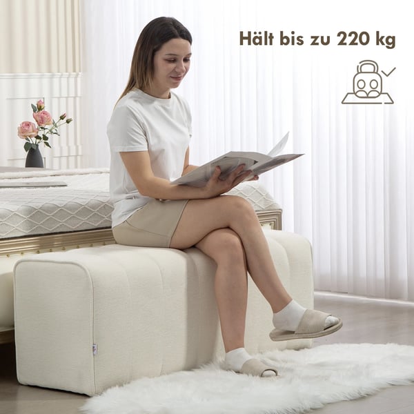Sovrumsbänk, Klädd Bänk med Träram, Linne-look Tyg, Krämvit, 110x40x44 cm