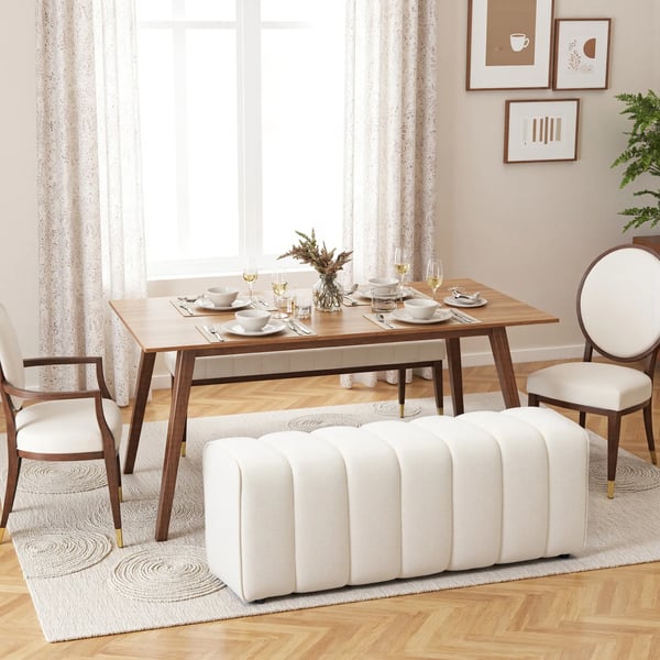 Sovrumsbänk, Klädd Bänk med Träram, Linne-look Tyg, Krämvit, 110x40x44 cm