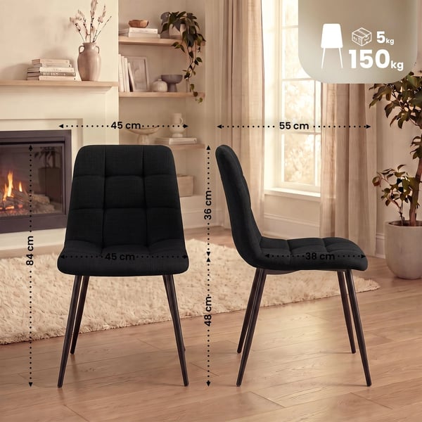 Tilde tygmatstol - Svart metallram - Bekväm sittplats med quiltad detalj