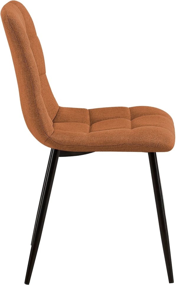 Set med 2 orange Tilde matstolar i tyg med metallben