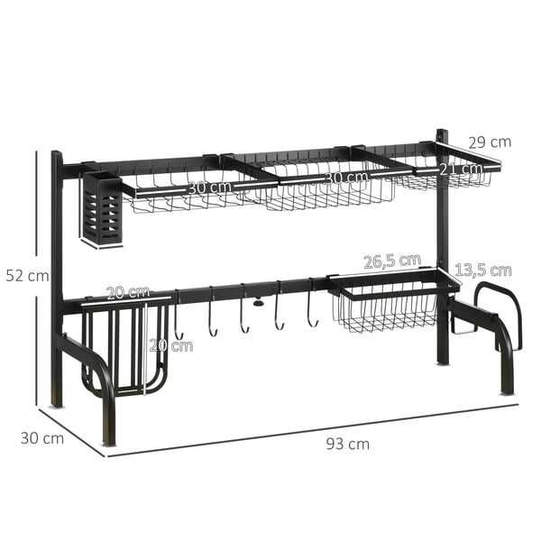 Säädettävä astiankuivausteline keittiön tiskialtaan ylle - 51-93 cm, teräs, musta