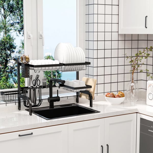 Säädettävä astiankuivausteline keittiön tiskialtaan ylle - 51-93 cm, teräs, musta
