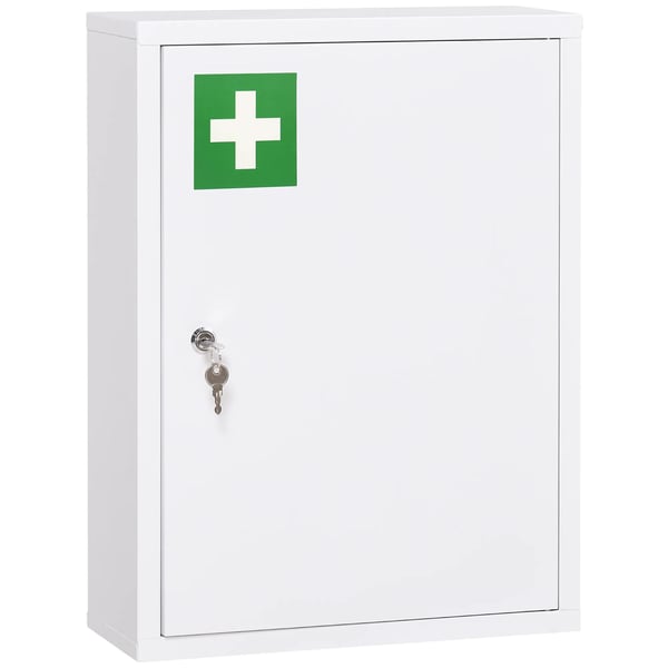 medicinskab til vægmontering, låsbar, 2 nøgler, stål, hvid, 40x15x53,5cm