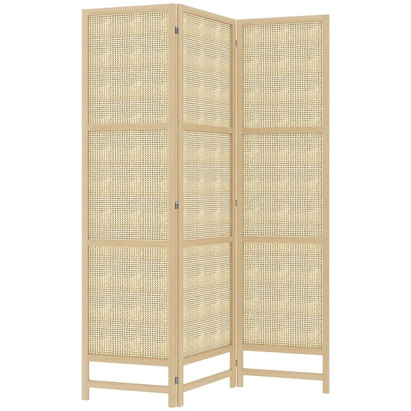 Paravent 3-delt 135 x 180 cm Rumdeler af PP Rattan, Foldbar Privatlivsskærm Naturtræ