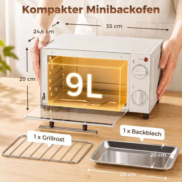 Miniovn 9L Rustfrit Stål i Cremefarvet Hvid - 750W med Bageplade & Grillrist