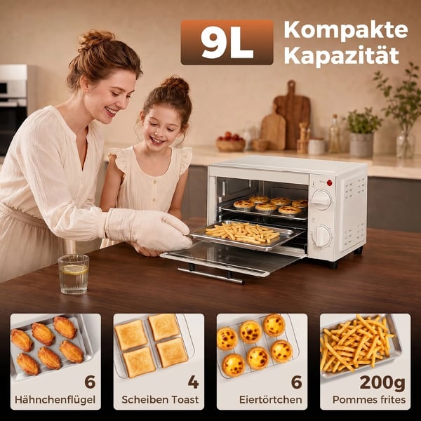 Miniovn 9L Rustfrit Stål i Cremefarvet Hvid - 750W med Bageplade & Grillrist