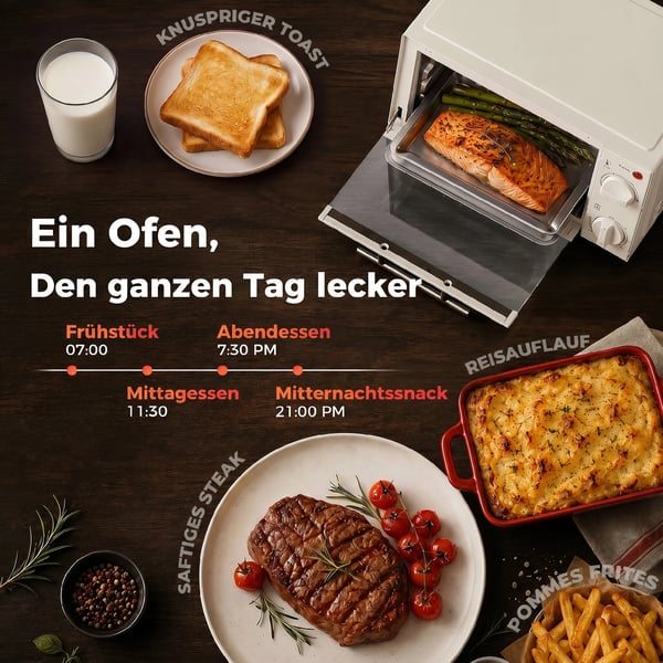 Miniovn 9L Rustfrit Stål i Cremefarvet Hvid - 750W med Bageplade & Grillrist