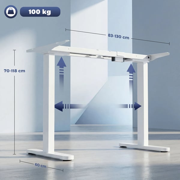 Elektriskt höjdjusterbart skrivbordsstativ i vit legerad stål, 2 motorer, 3 minnen, anti-kollision, 100 kg kapacitet, 83-130 cm bredd