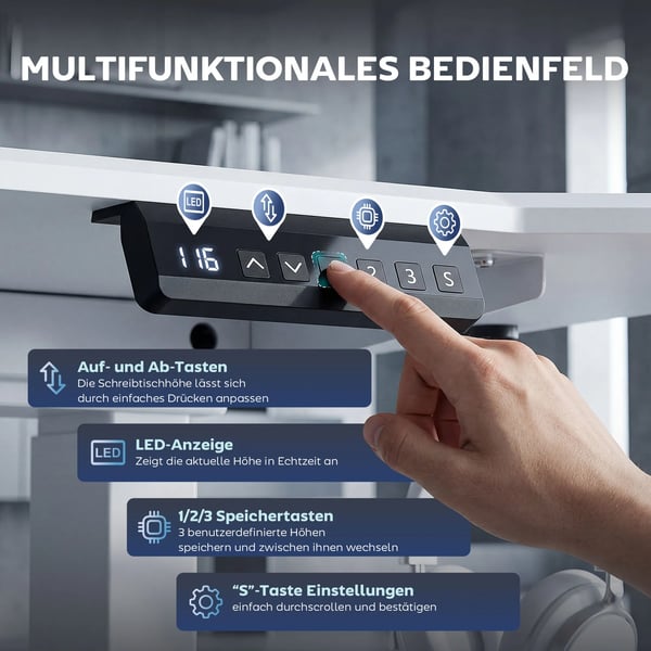 Elektriskt höjdjusterbart skrivbordsstativ i vit legerad stål, 2 motorer, 3 minnen, anti-kollision, 100 kg kapacitet, 83-130 cm bredd
