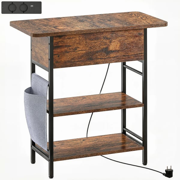 natbord med stikkontakt, 2 hylder, USB/USB-C, opbevaring, 60 x 29,8 x 58,5 cm, rustikbrun