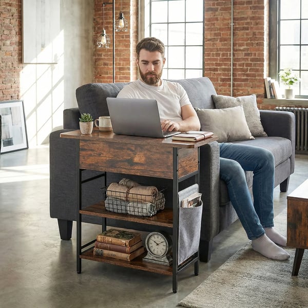 natbord med stikkontakt, 2 hylder, USB/USB-C, opbevaring, 60 x 29,8 x 58,5 cm, rustikbrun