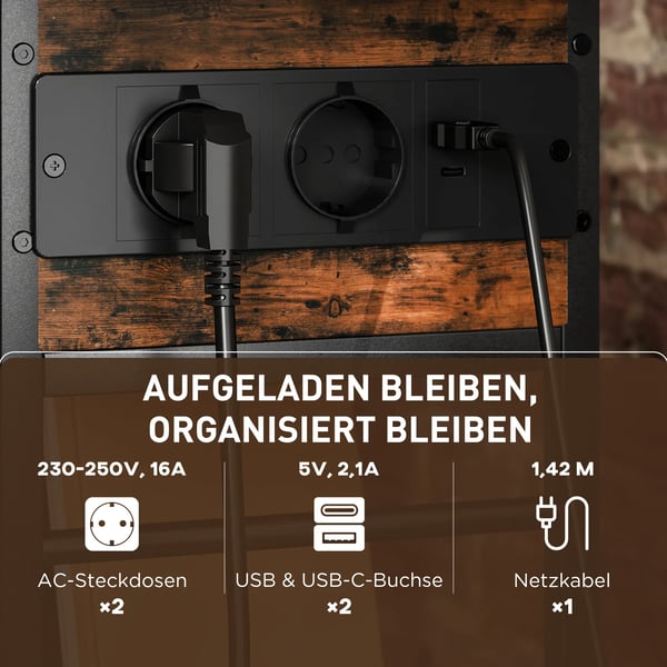 natbord med stikkontakt, 2 hylder, USB/USB-C, opbevaring, 60 x 29,8 x 58,5 cm, rustikbrun