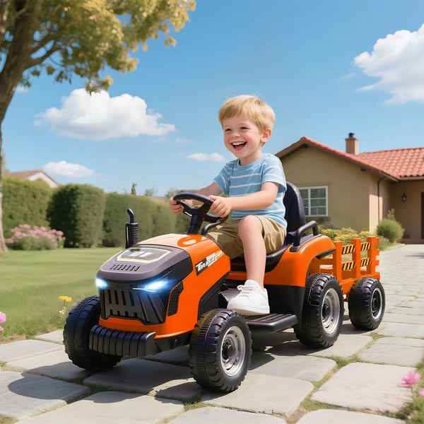 Elektrisk Barnetraktor med Släpvagn, Fjärrstyrd, Mjukstart, Orange, för barn 3-8 år