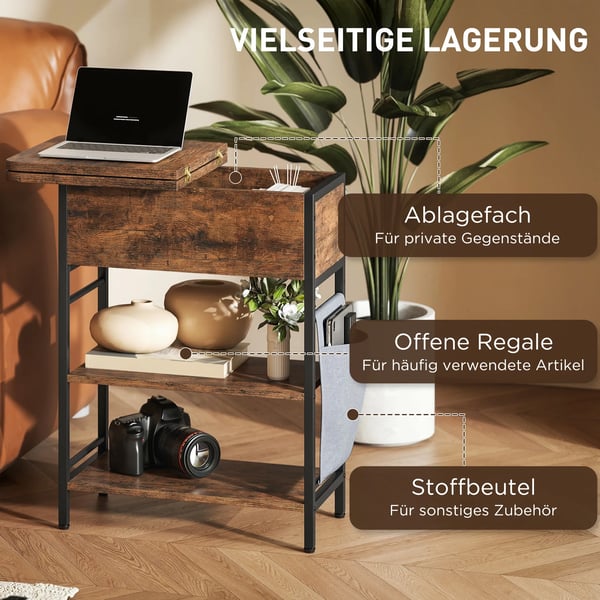 natbord med stikkontakt, 2 hylder, USB/USB-C, opbevaring, 60 x 29,8 x 58,5 cm, rustikbrun