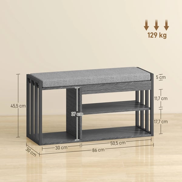Skobænk med opbevaring, entrémøbel i grå, træ-effekt, 86x30x45,4 cm