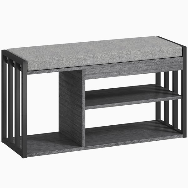 Skobænk med opbevaring, entrémøbel i grå, træ-effekt, 86x30x45,4 cm