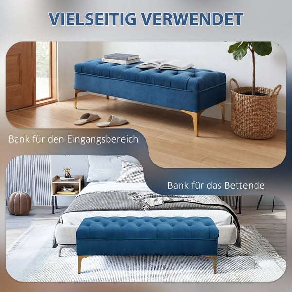 sittbänk, sängbänk, skobänk med höjda ben, sovrum, sammet blå 118 x 45 x 42 cm