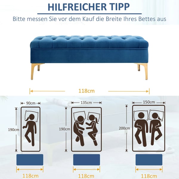 sittbänk, sängbänk, skobänk med höjda ben, sovrum, sammet blå 118 x 45 x 42 cm