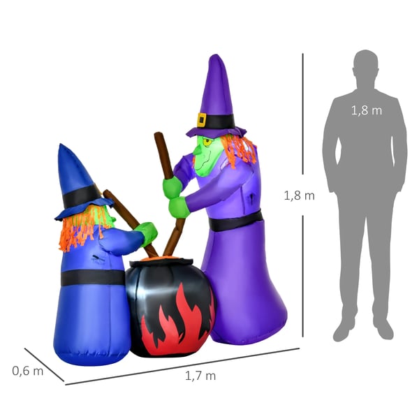 Uppblåsbar Häxa Häxkittel Figur Luftfigur Halloween Dekoration med LED-belysning, Polyester, 170x60x180cm