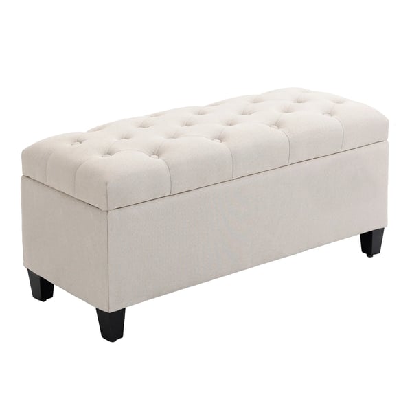 Sittbänk med förvaring - Linne-liknande polyester, gummiträ, krämfärgad, 100x40x44 cm