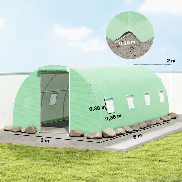 drivhus med folie, gangbart polytunnel 6 x 3 m drivhus med 8 vinduer, væksthus frostbeskyttelse stålrør mørkegrøn