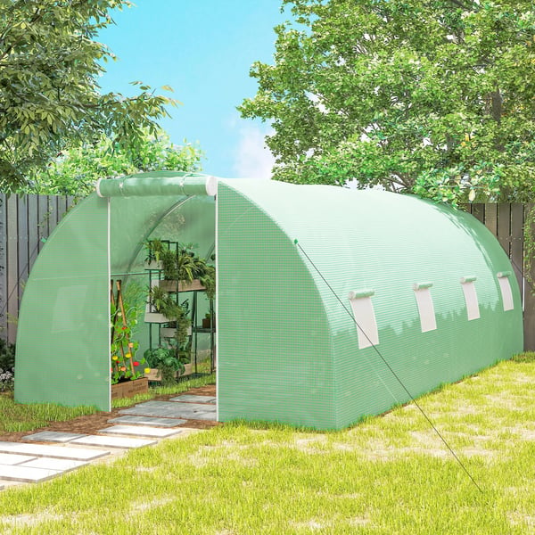 drivhus med folie, gangbart polytunnel 6 x 3 m drivhus med 8 vinduer, væksthus frostbeskyttelse stålrør mørkegrøn