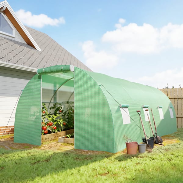 drivhus med folie, gangbart polytunnel 6 x 3 m drivhus med 8 vinduer, væksthus frostbeskyttelse stålrør mørkegrøn