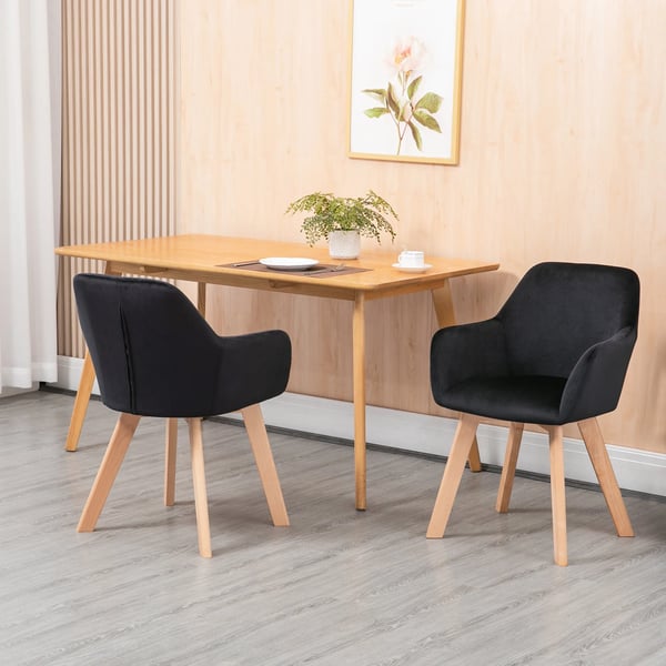 Spisestuestole 2 stk. Sorte polyester stole med armlæn og ryglæn, elegant fløjlslook, til køkken og spisestue.