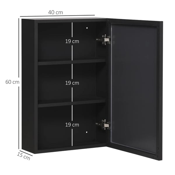 Spejlskab Sort V2gmonteret med 3 hylder, Rustfrit st2l, Aluminium, Glas, 40x15x60 cm