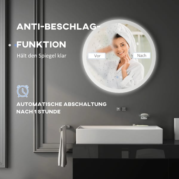 Badrumsspegel med LED-belysning, 3 ljusfärger, Ø70 cm, peksensor, anti-dimma, IP44