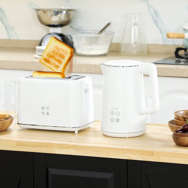 Elkedel & Brødrister Sæt - 1,5L Kedel, 2-Skivers Rister, 2200W, 7 Ristetrin, Optøj, Genopvarm, Automatisk Sluk, LED-Display, Hvid ABS Plastik