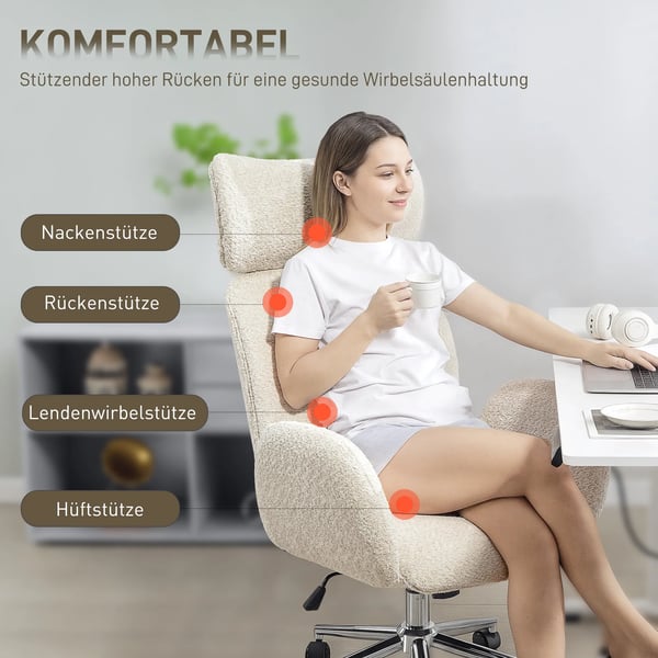 kontorstol med justerbar nakkestøtte, ergonomisk skrivebordsstol, vippefunktion, højdejusterbar, gråhvid