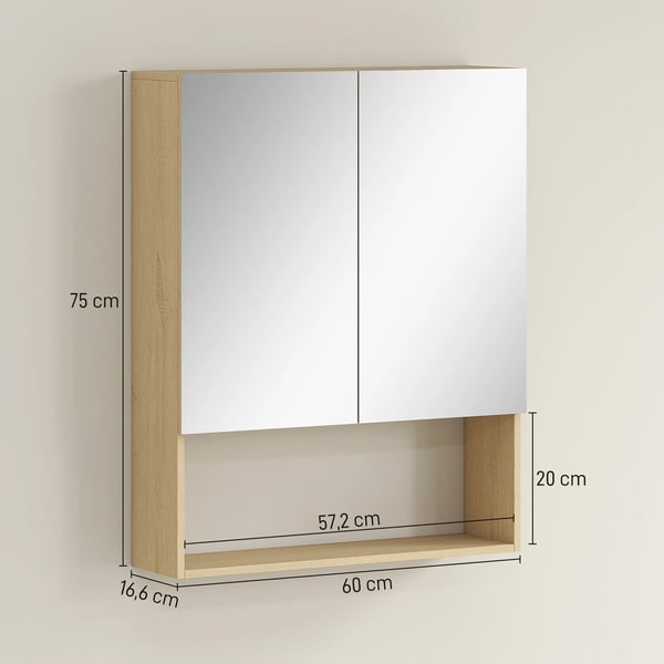 Badrumsspegel med dubbla dörrar och ekfinish, MDF/spånskiva/glas, väggmonterad