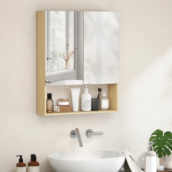 Badrumsspegel med dubbla dörrar och ekfinish, MDF/spånskiva/glas, väggmonterad
