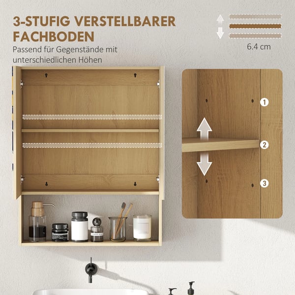 Badrumsspegel med dubbla dörrar och ekfinish, MDF/spånskiva/glas, väggmonterad