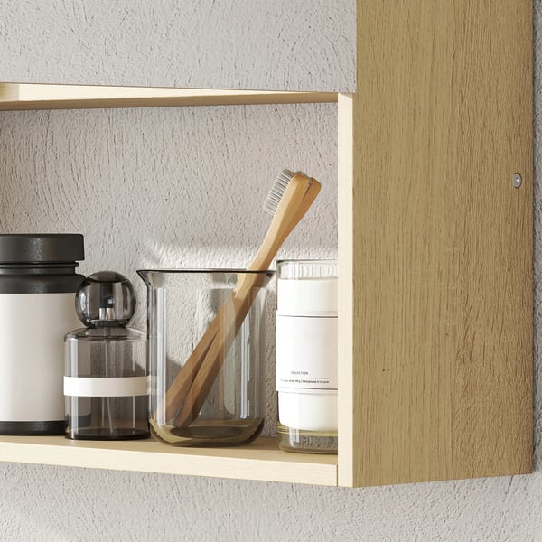 Badrumsspegel med dubbla dörrar och ekfinish, MDF/spånskiva/glas, väggmonterad