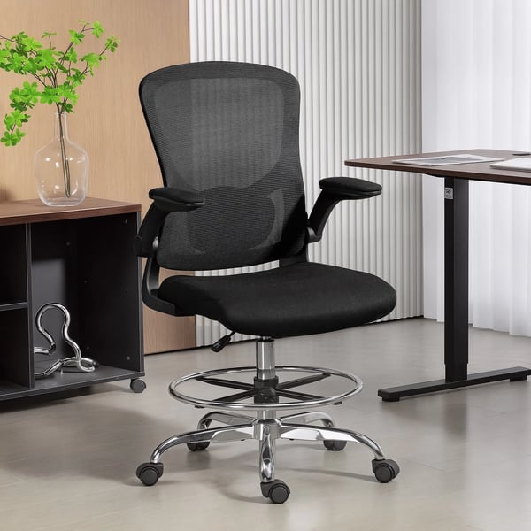 Ergonomisk Ritstol med Ländstöd, Justerbar Höjd, Svängbar, Svart Polyester & Stål - Perfekt för Hemmakontor