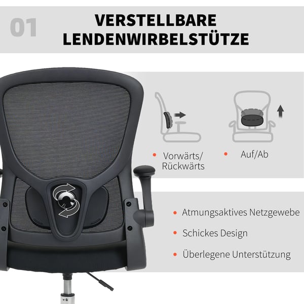 Ergonomisk Ritstol med Ländstöd, Justerbar Höjd, Svängbar, Svart Polyester & Stål - Perfekt för Hemmakontor