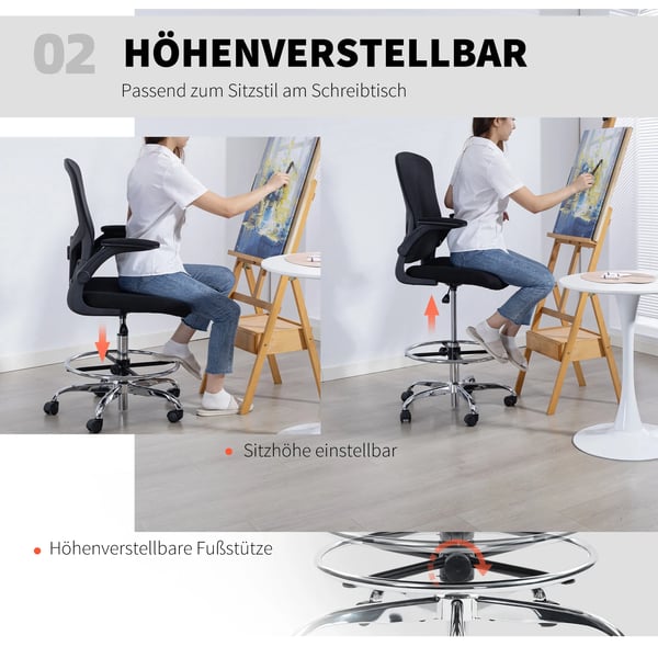 Ergonomisk Ritstol med Ländstöd, Justerbar Höjd, Svängbar, Svart Polyester & Stål - Perfekt för Hemmakontor