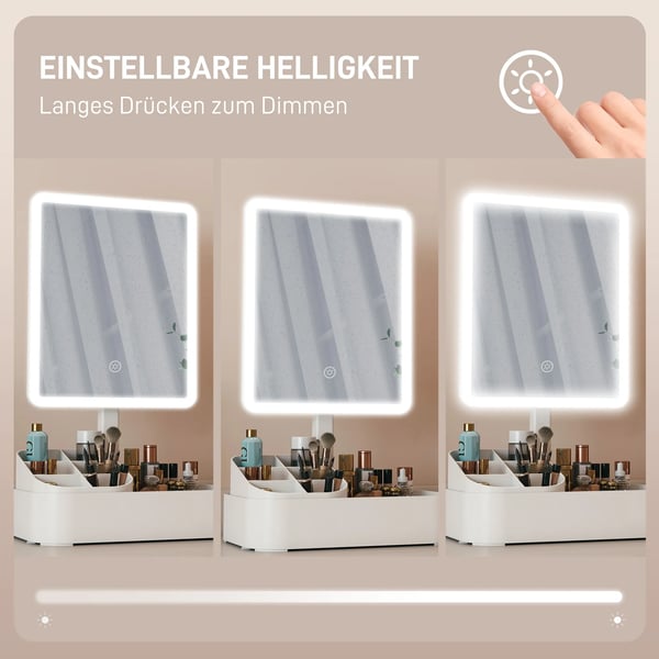 Uppladdningsbar sminkspegel med 180° justerbar LED-belysning, 2 ljuslägen, vit, plast/glas