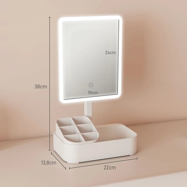 Uppladdningsbar sminkspegel med 180° justerbar LED-belysning, 2 ljuslägen, vit, plast/glas