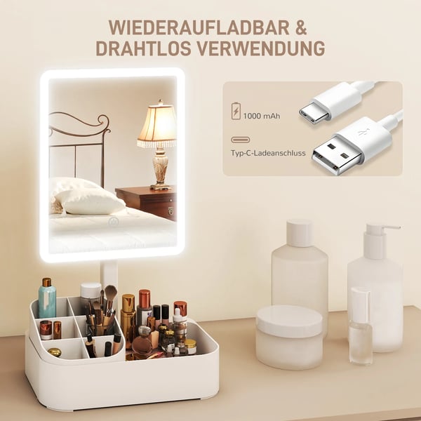 Uppladdningsbar sminkspegel med 180° justerbar LED-belysning, 2 ljuslägen, vit, plast/glas