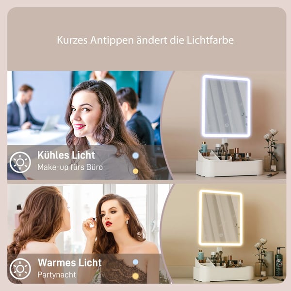 Uppladdningsbar sminkspegel med 180° justerbar LED-belysning, 2 ljuslägen, vit, plast/glas