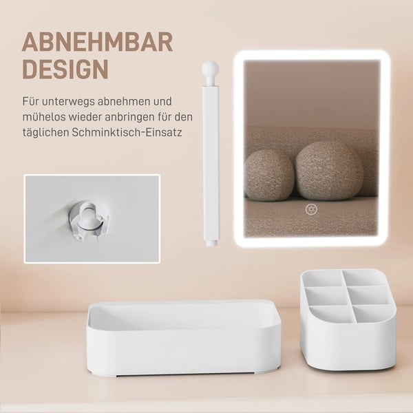 Uppladdningsbar sminkspegel med 180° justerbar LED-belysning, 2 ljuslägen, vit, plast/glas