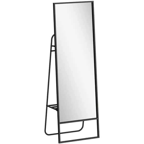 Kokovartalopeili 157x50cm, seisoja, musta metallirunkoinen hyllyllä ja koukuilla, lasi