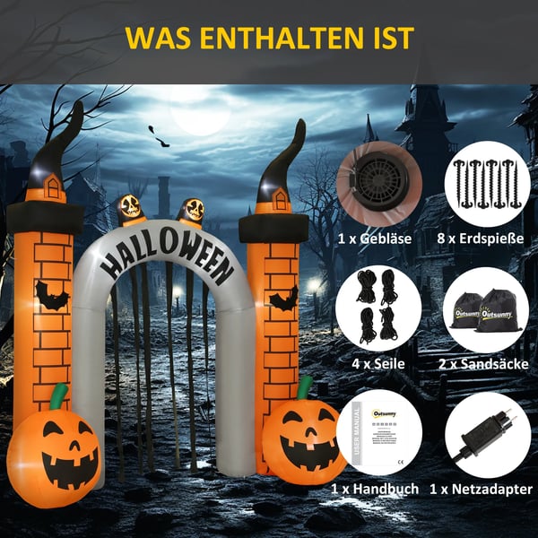 Puhallettava Halloween-kaari, Kurpitsamuotoilu, LEDit, Kiinnitysköydet, Polyesteri