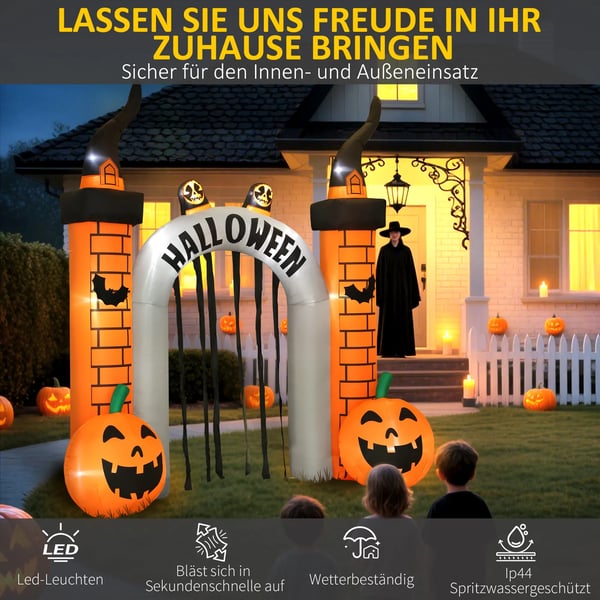 Puhallettava Halloween-kaari, Kurpitsamuotoilu, LEDit, Kiinnitysköydet, Polyesteri