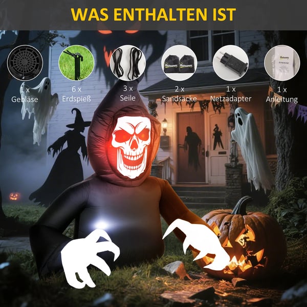 Oppustelig Halloween-dekoration, Døden, LED-lys, Blæser, Kabel